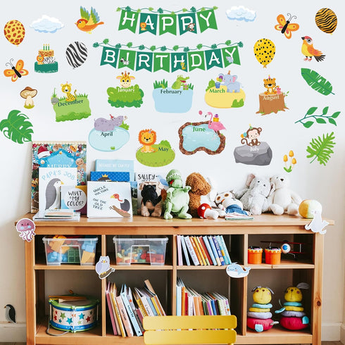 Sepamoon 35 Pcs Happy Birthday Posters, Safari Jungle Animals Bulletin Board Set for Classroom Birthday Decoration