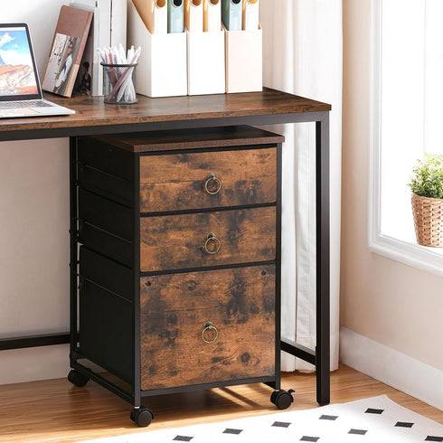 HOOBRO Vertical 3-Drawer Mobile File Cabinet, Rustic Brown Office Cabinet, Rolling Printer Stand, A4/Letter-Sized