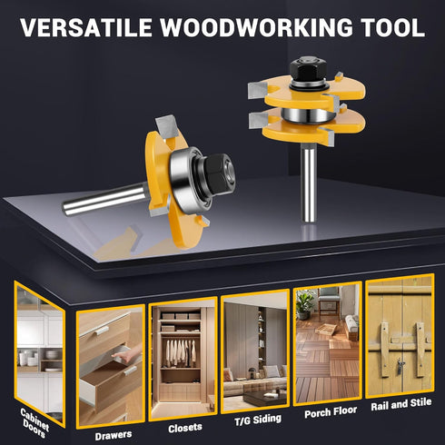 Junreox 2PCS Set, 3rd 1/4 3/4" 1/2" 3 Tongue and Groove Router Bit Gen. Shank Router Bits for Stock, Cutting Depth