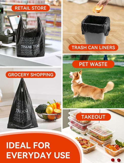 500 Count 12" 6" 22", 15 UMT Plastar Thank You Plastic Bags, x x Mic Black T Shirt Grocery Bags with Handles, Ideal