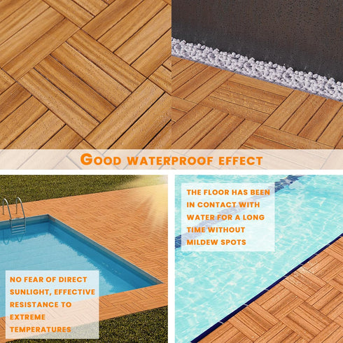 12" 12" 27 (4-Slat Acacia Wood Deck Tiles, x Interlocking Outdoor Flooring for Patio, Balcony, Backyard & Garden