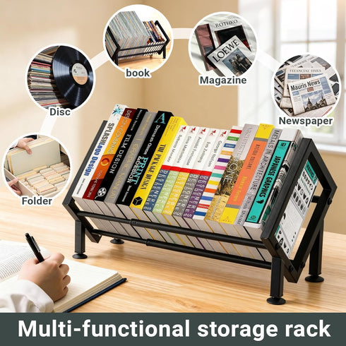 Expandable Desktop Bookshelf Organizer, Metal Office Tabletop Book Storage Rack, Large Tilting Bookcase