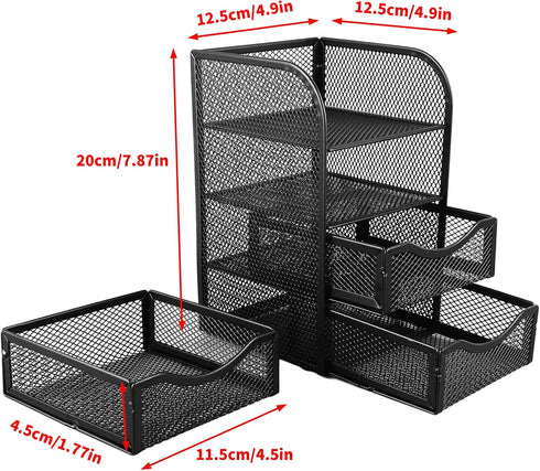 HEEPDD 3 Tier Mesh Office Desktop Organizer with 3 Drawer, Mini Desk Supplies Organizer, Metal Stationary Black Desk