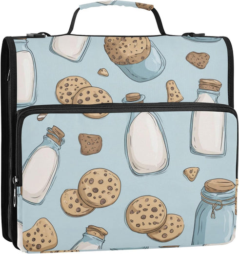 Fisyme 3 Milk Bottle Cookies Cute Zipper Binder Ring with Zipper and Shoulder Strap Large Capacity Multi-Pocket Binder