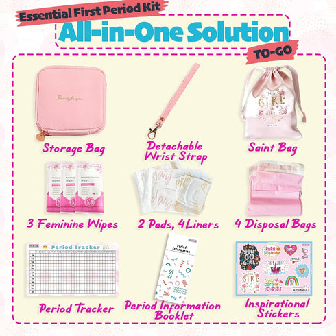 10-12 Essential First Period Kit for Girls | Period Bags for Teen Girls for School | First Period Gift with Sanitary