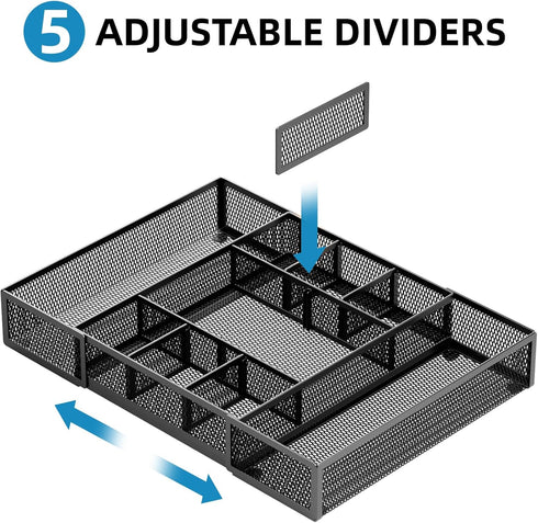 Marbrasse Expandable Desk Drawer Organizer, Mesh Tray with 10 Adjustable Compartments for Office Supplies, Black
