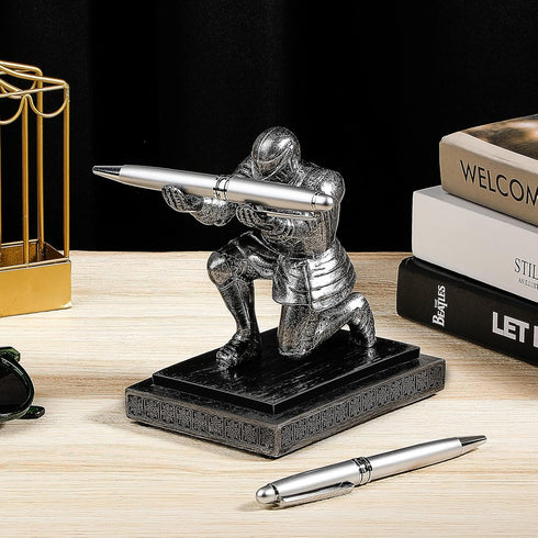 Knight Pen Holder with 2 Pens, Funny Resin Desk Organizers and Accessories for Cool Office Gadgets and Decorations