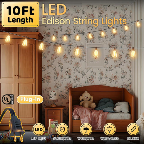 SOLROS STUDIO 10FT ST38 Bulb, Outdoor String Lights - LED Waterproof Patio Lights with Shatterproof Edison Plastic