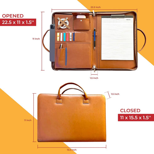 FUNTACY Premium Leather Portfolio with Handles, Slim Padfolio with Multiple Compartments for Documents, iPad, Notebook