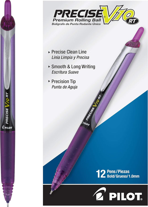 Pilot Precise V10 RT Refillable & Retractable Rolling Ball Pens - Bold Point 1 mm, Purple, Pack of 12