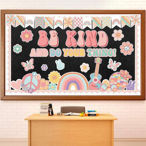 Boho Classroom Bulletin Board Decoration with Groovy Be Kind and Do Your Thing Retro Rainbow Cutouts