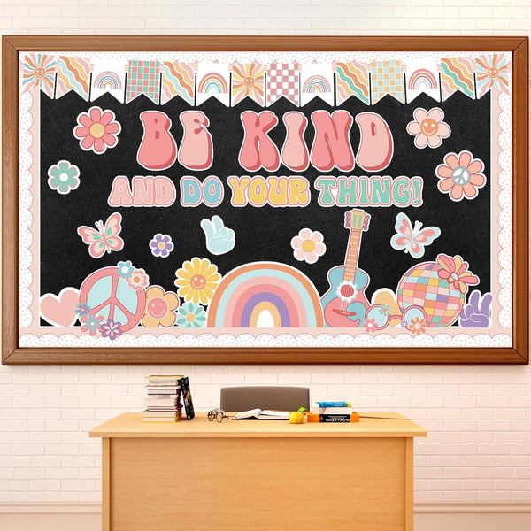 Boho Classroom Bulletin Board Decoration with Groovy Be Kind and Do Your Thing Retro Rainbow Cutouts
