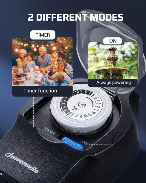 1 Pack 24-Hour Programmable 2 15A 1/2HP DEWENWILS Mechanical Light Timer for Outdoor Lighting, Plug in Timers, Heavy