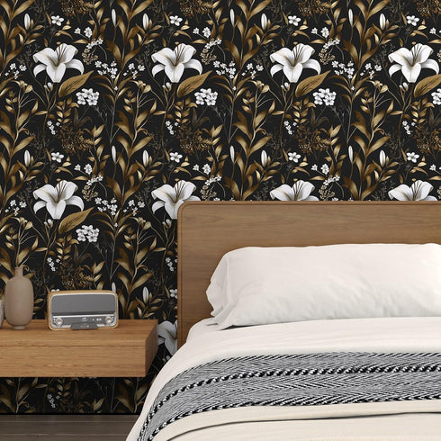 17.5" 393", Laatse Black White Floral Wallpaper Peel and Stick, Dark Gold Vintage Contact Paper x Golden Botanical Wall