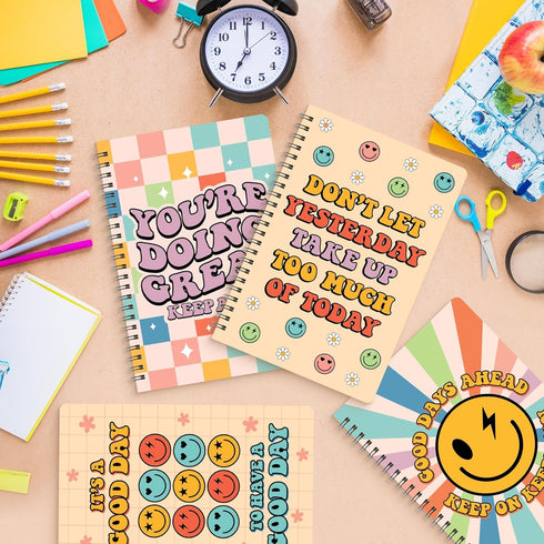 L1rabe Inspirational Spiral Notebooks, Back to School, 4 A5 Happy Face Motivational Notebooks, College Ruled Journal