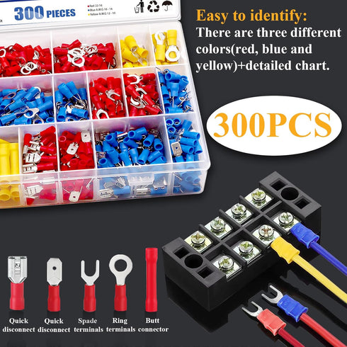 Tnisesm 300PCS Insulated Wire Crimp Connectors Assortment Kit with Ring, Spade, Butt, Quick Disconnect, Automotive