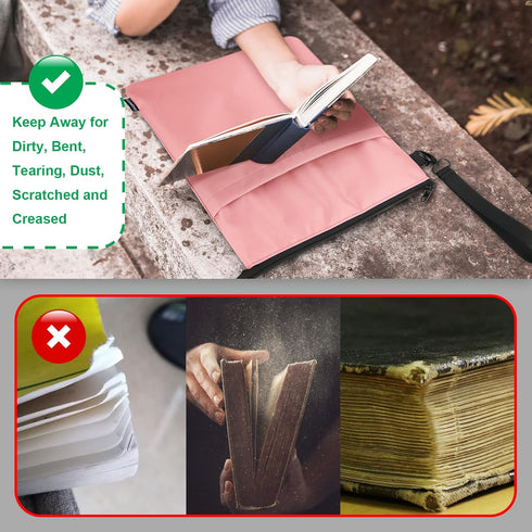 Book Sleeves with Zipper, Travel Book Protector Pouch for Paperbacks & Hardcovers, Washable Carry Case, Pink