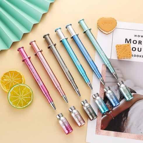 Exasinine Syringe Pens, Luminous Gel Pen Light, Beautiful Ballpoint Pens for School and Office Party Supplies, 6 Pcs