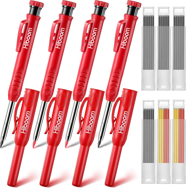 Hiboom 4 Pack Carpenter Pencils Set with 24 Refills, 2.8 mm Mechanical Pencil for Woodworking Marking