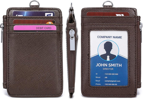 ID Badge Holder with Neck Lanyard - PU Leather Wallet Case with 1 ID Window, 4 Card Slots (Coffee)