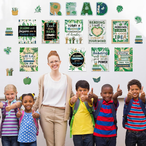 Zonon 45 PCS Eucalyptus Reading Bulletin Board Poster, Boho Greenery Motivational Prints for Teachers