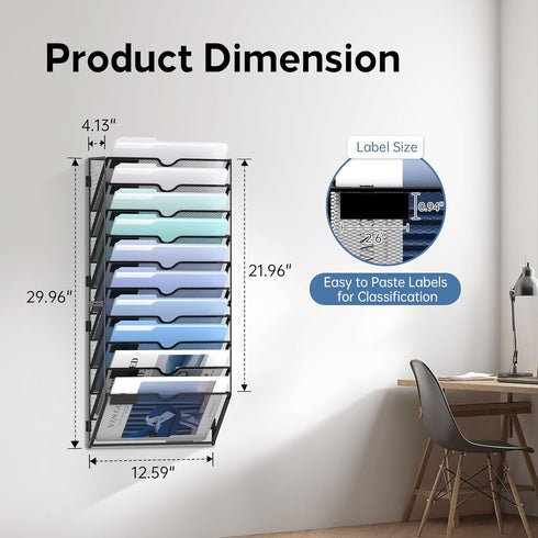 Wall File Organizer, 10 Tier Hanging Wall Holder for File Folder, Paper, and Clipboard, Black