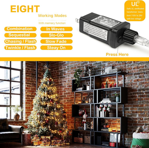 300LED 105FT 8 Decute Christmas String Lights Outdoor Waterproof UL Certified with End-to-End Plug Modes, Warm White