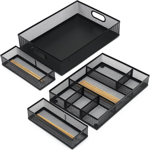 Desk Drawer Organizer with 6 Adjustable Dividers, Metal Pen Organizer for Office Supplies (Pack 4, Black)