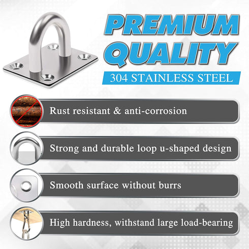 2PCS M8 Heavy Duty Square Stainless Steel Pad Eye Hook - Includes Snap Hooks and Screws for Ceiling Hook
