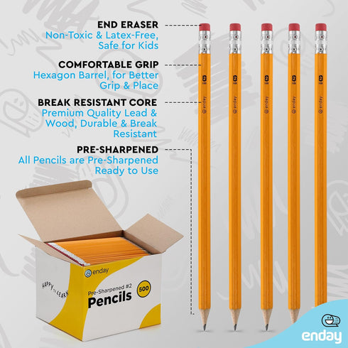 Enday #2 Pencils Bulk - 500 Pack, Pre-Sharpened Wood-Cased Yellow Pencils with Latex-Free Eraser Top