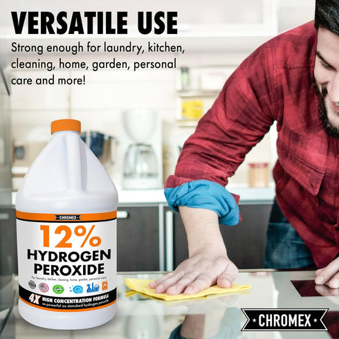 Hydrogen Peroxide 12 Percent Food Grade, 4X Concentrated Solution, 1 Gallon for Home & Kitchen Cleaning