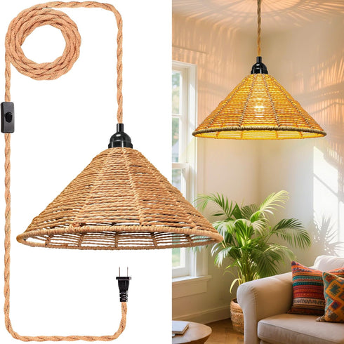 Maliralt 16.4ft Hanging Lamps Rattan Pendant Light - Plug in Cord Hanging Light Fixture Plug Into Wall Outlet Pendant