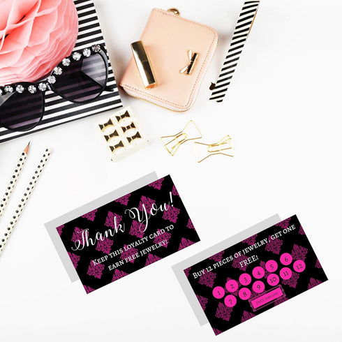 Jewelry Loyalty Cards | 50 Pack Thank You Notes Black Pink Fleur | 5 Bling Buy 12 Get One Free