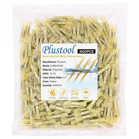 400PCS Yellow Heat Shrink Butt Connectors AWG12-10, Marine Grade Electrical Wire Connectors, Insulated Waterproof