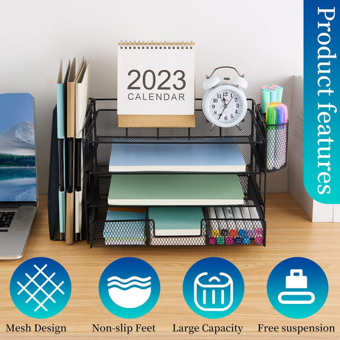 gianotter 4-Tier Desk Organizer with Drawers, File Holders, and Pen Holders for Office Supplies, Black