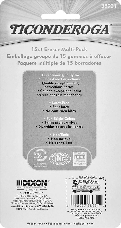 Ticonderoga Erasers, Neon, 15 Count (Pack of 8) (38931SP)