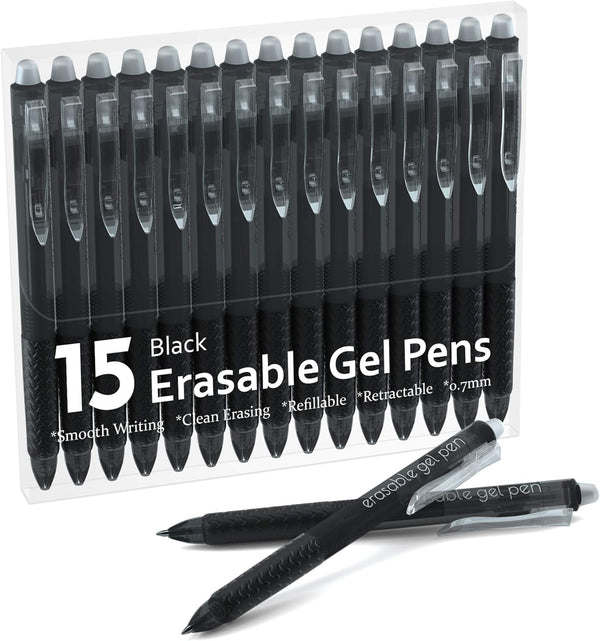 Erasable Gel Pens, 15 Pack Black Retractable Fine Point Pens, Make Mistakes Disappear, Black Inks for Writing