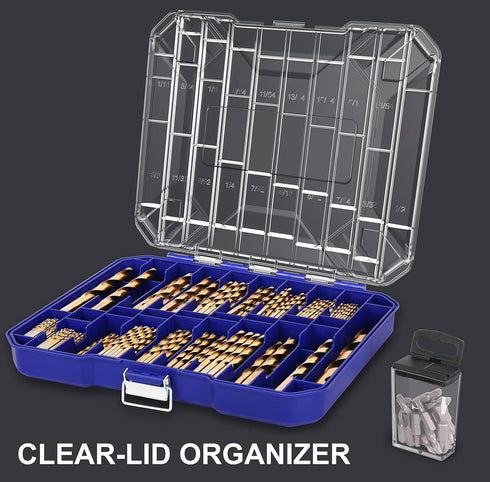 276pc Titanium Twist Drill Bit Set with S2 Bits, 135° Tip High Speed Steel, Sizes from 1/16" to 1/2", Clear Lid Case