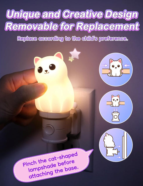 3D 3000K, 1 Pack KINDEEP Kids Night Light Plug in: Cute Cat Nightlight with Dusk to Dawn Sensor, RGB & Soft White
