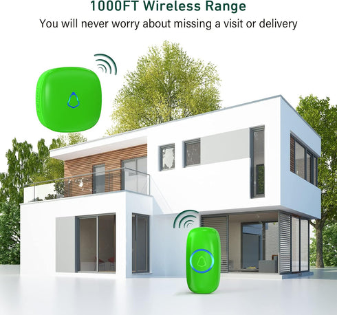 SECRUI Wireless Doorbells for Home, Classrooms, Apartments, 1000Ft Range, Waterproof, Adjustable Volume, M520+F55, Green