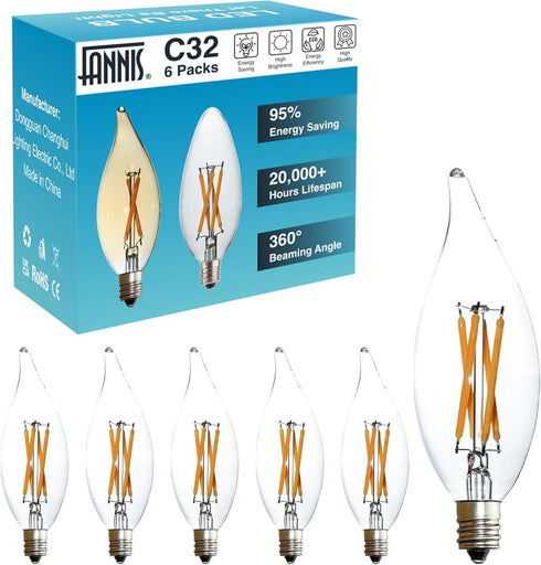 B10-C32 E12 LED Candelabra Bulb 4W 2700K Warm White, 6pcs Non-Dimmable Flicker-Free