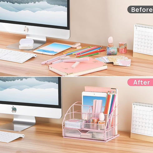 Pink Desk Organizers and Accessories, Pink Office Supplies with Mesh Desk Organizer, Acrylic Tape Dispenser, and