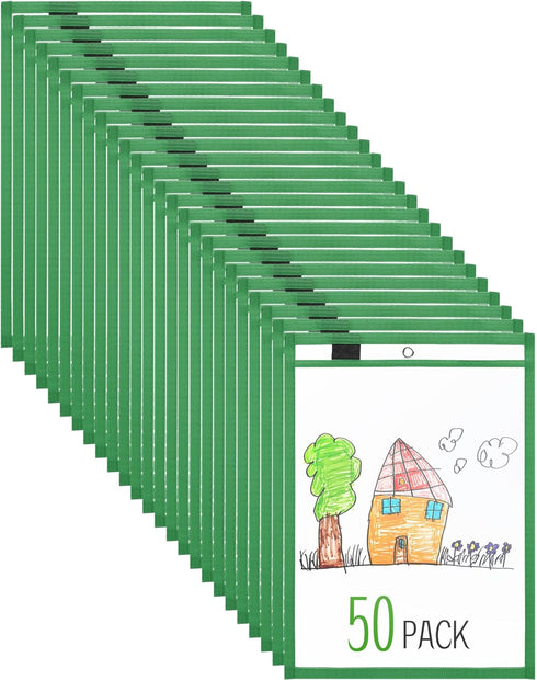 Nezyo 50 Pieces Clear Dry Erase Pockets Reusable Plastic Sleeves Order Folders Teacher Supplies for Classroom (Green)
