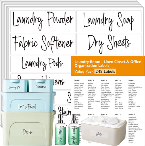 Hebayy 242 pcs Laundry Room Labels, 220 Pre-Printed Waterproof Stickers, 22 Blank Ones for Home Office Organization
