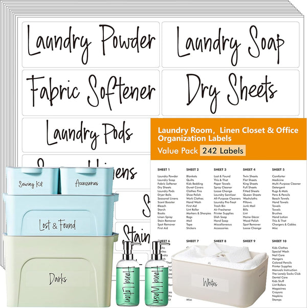 Hebayy 242 pcs Laundry Room Labels, 220 Pre-Printed Waterproof Stickers, 22 Blank Ones for Home Office Organization