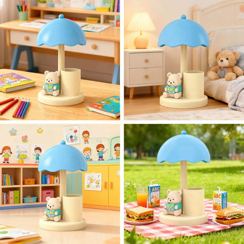 2-in-1 500 Cute Bear Desk Lamp with Pen Holder, Kids Table Lamp Organizer, LED Bedside Lamp with USB Charging Port