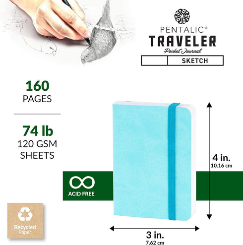 Pentalic 3" x 4" Pocket Sketchbook Traveler Journal - 160 Pages, Turquoise