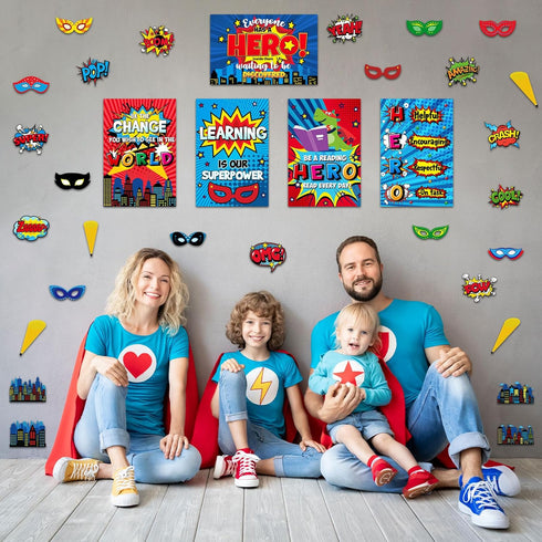 Outus 33 Pcs Hero Theme Classroom Decorations, Bulletin Board Set with Posters and Banners for Pre School