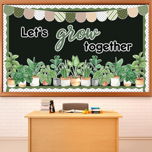 Greenery Classroom Bulletin Board Decorations - Potted Plant Set, Motivational Let’s Grow Green Leaves Cutouts for Wall