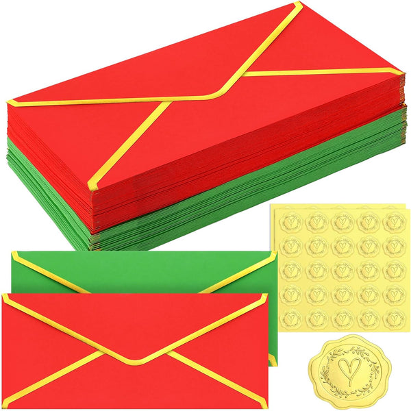 Outus Christmas Envelopes 100 Pack #10 Business Envelopes with Gold Border, Self Adhesive Mailing Envelopes (Red, Green)